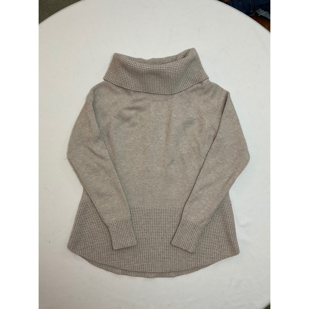 Cyrus Womens Oatmeal Beige Cowl Neck Waffle Knit Trim Sweater Medium